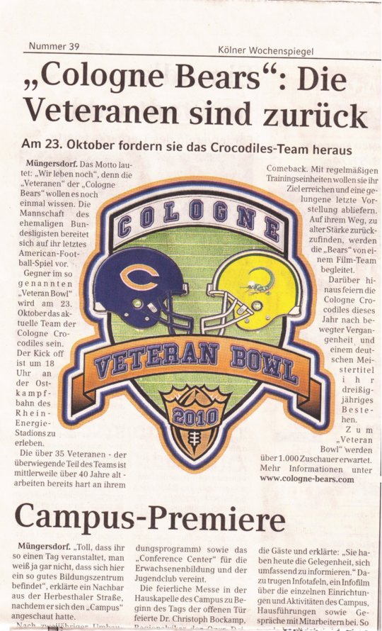 Bericht im kölner Wochenspiegel über den Veteran Bowl vom 29.09.2010