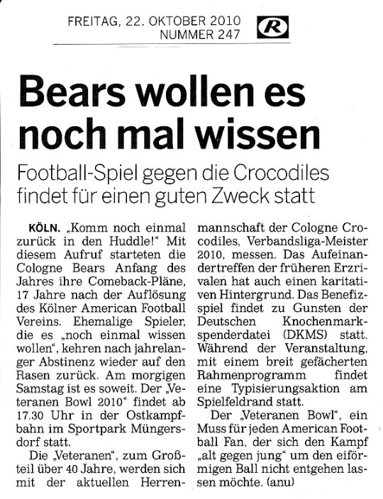 Artikel Kölner Rundschau am 22.10.2010 über den Veteran Bowl